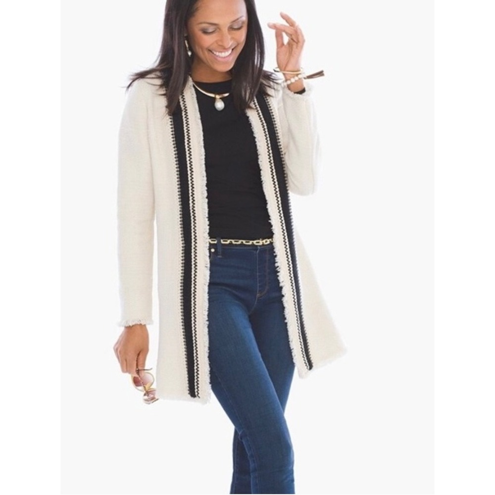Chicos Fringe Tweed Cardigan Cream Open Front Longline Sweater Size 1
